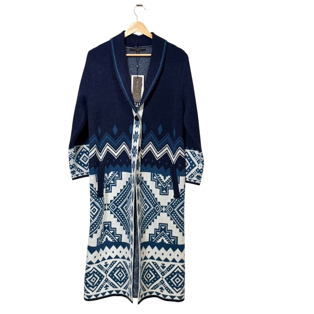 Max Sport Blue Combo Geometric Southwestern Duster Cardigan MX37716 Size M NEW